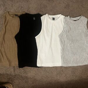 Sleeveless Ribbed Tank Tops - black & white Stripe, White, Black, Tan tanks
